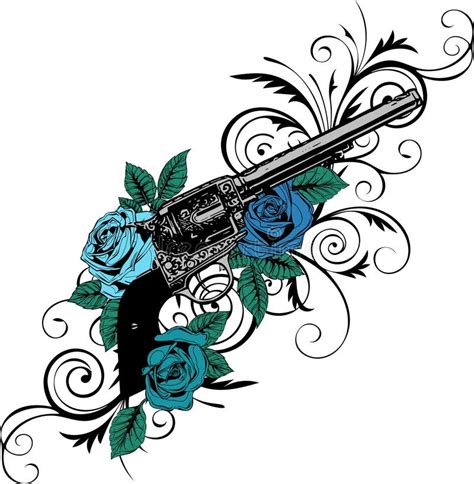 Illustration Of Guns On The Flower And Ornaments Floral With Tattoo Drawing Style Stock