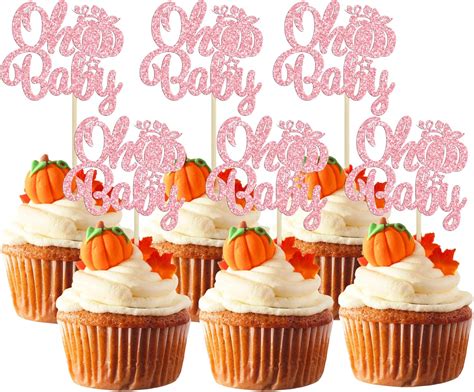 Gyufise 24pcs Pumpkin Oh Baby Cupcake Toppers Glitter Baby