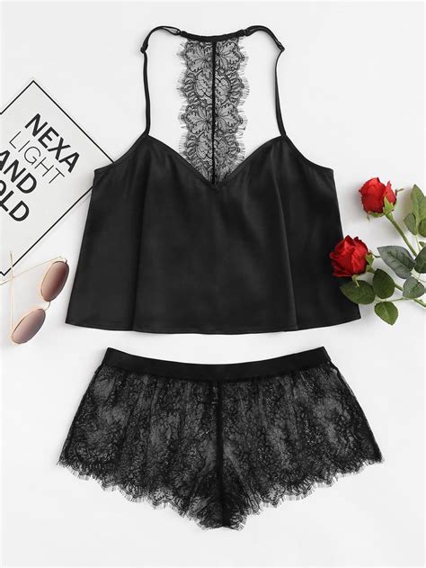 Shein Eyelash Lace Y Back Cami Top And Shorts Pajama Set Fashion