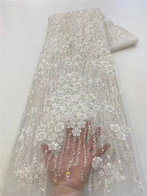 Pizzo Netto Di Tulle Francese Con Paillettes E Perline Tessuto Di Pizzo