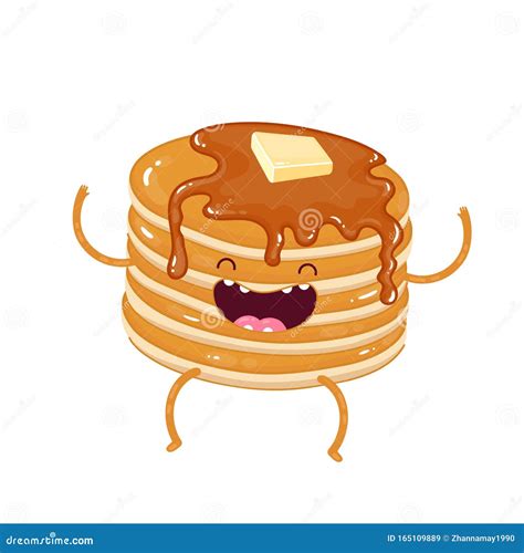 Character Stack Of Pancakes With Maple Syrup And Butter Stock Vector