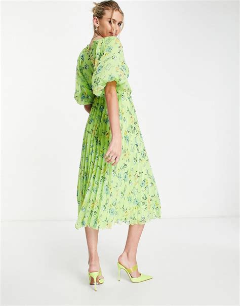 Asos Design Wrap Around Pleated Midi Dress In Green Based Floral Asos Vestido Midi Vestir