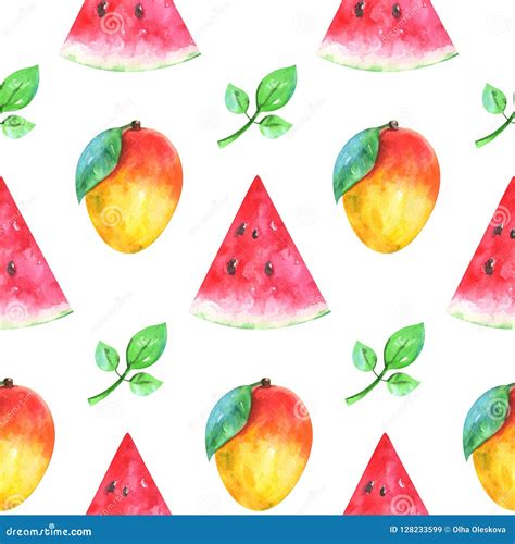 Pattern With Watercolor Watermelon Mango And Green Leaf Stock