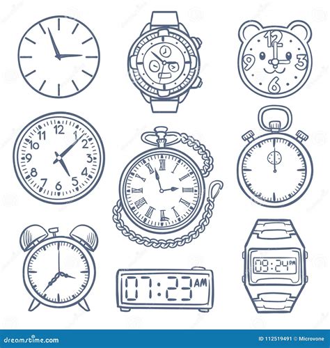 Doodle Watch Clock Vector Icons Hand Drawn Time Vector Icons Isolated