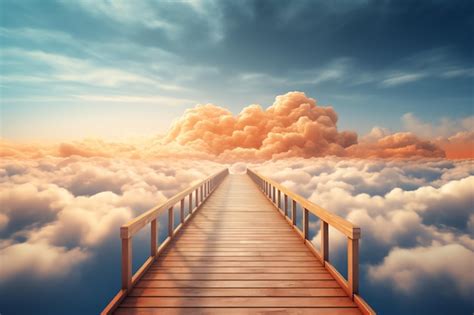 Premium Photo A Wooden Bridge Leading To The Clouds