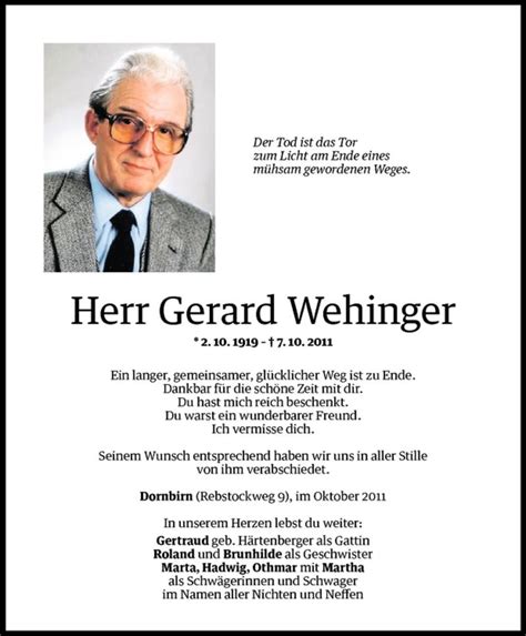 Todesanzeigen Von Gerard Wehinger Todesanzeigen Vorarlberger Nachrichten