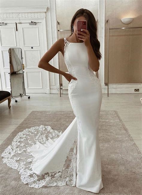 Trumpet Mermaid Scoop Neck Sleeveless Elastic Satin Wedding Dresses