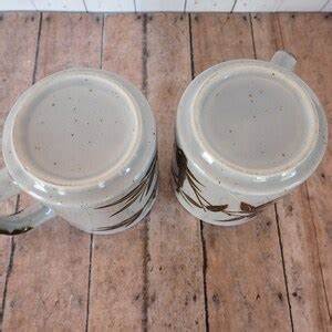 Vintage Stoneware Bamboo Mug Set Of Matching Gray With Brown Rustic