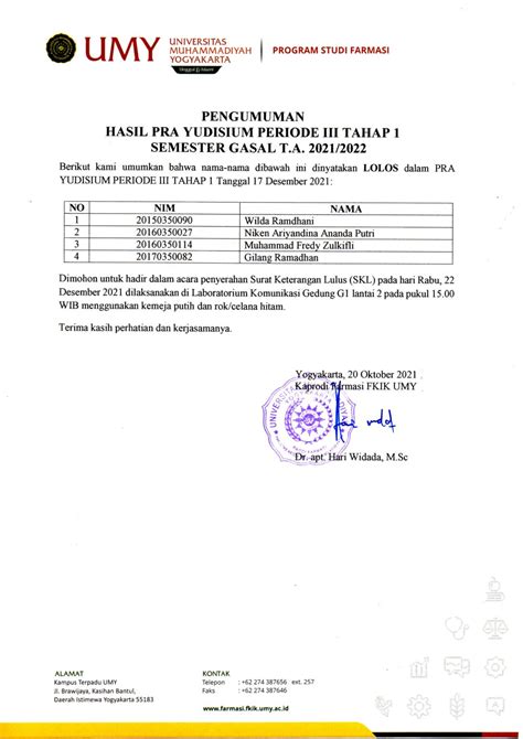 Pengumuman Hasil Pra Yudisium Periode Iii Tahap I Farmasi