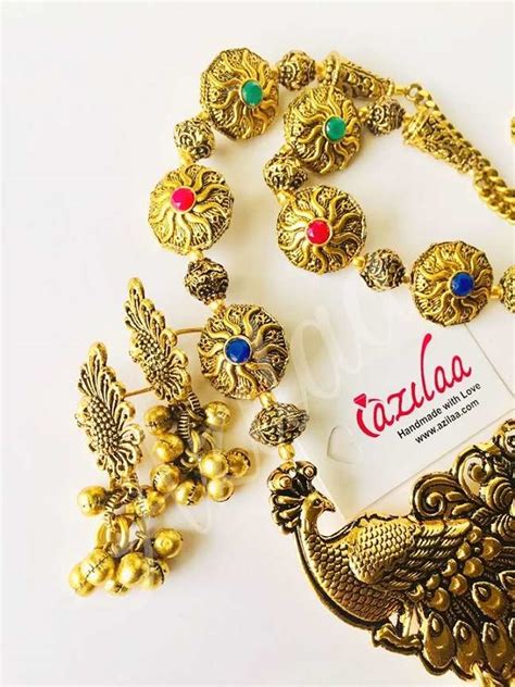 Peacock Ethnic Gemstone Antique Gold Tone Necklace Set At 3950 Azilaa