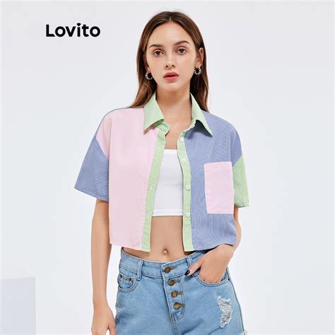 Lovito Casual Striped Crop Colorblock Pocket Women Blouse L Ad