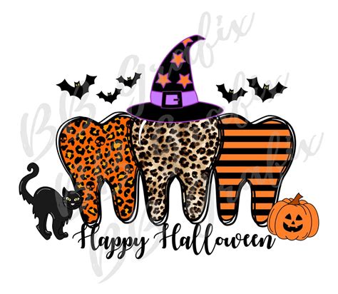 Digital Png File Dentist Happy Halloween Tooth Trio Witch Pumpkin Cat