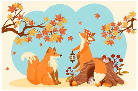 Premium Vector | Cute foxes in the autumn forest, a fox on a stump and a fox in love. Cartoon ...