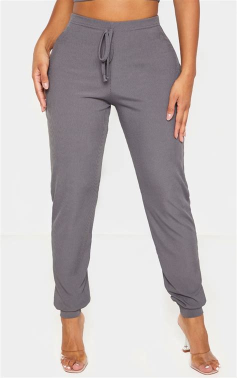 Shape Grey Ribbed Tie Waist Sweatpant Curve Prettylittlething Usa