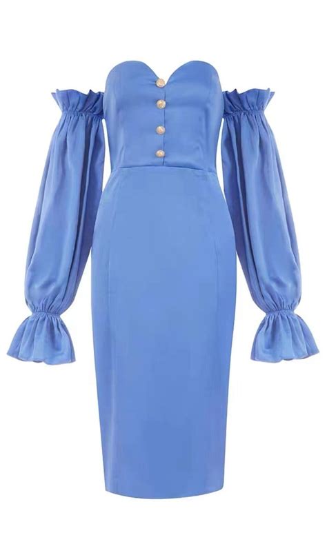 Blue Off Shoulder Satin Midi Dress