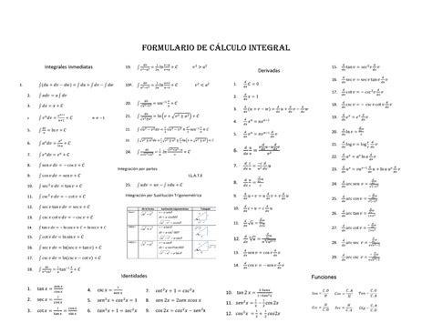 Formulario C Lculo Integral Y Diferencial Formulario De Clculo