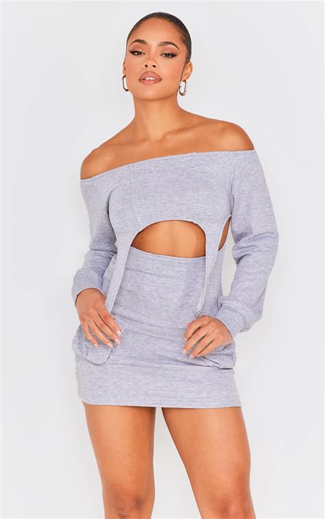 Grey Marl Overlay Bardot Pocket Bodycon Dress Prettylittlething Ie