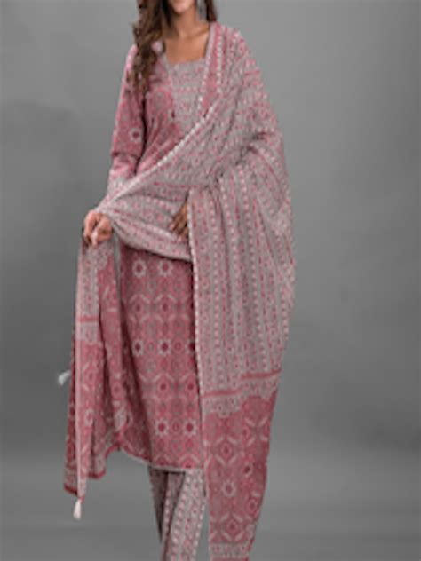 Buy KASHEEDA Floral Printed Thread Work Pure Cotton Kurta With Trousers