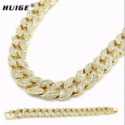 Miami Cuban Link Chain Set Gold Color Fully Iced Out Rhinestone Hip Hop