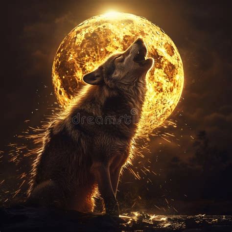 Majestic Wolf Howling At The Golden Moon Generative Ai Stock