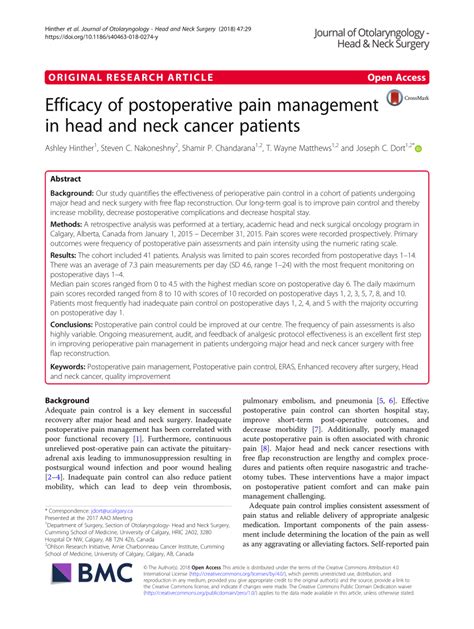 Pdf Efficacy Of Postoperative Pain Management In Head And Neck Cancer