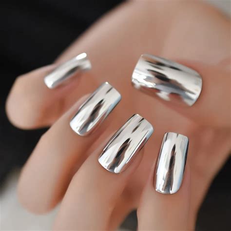 Shiny Silver Metallic Long False Nail Tips Punk Metal Plating Mirror Fake Nails Artificial