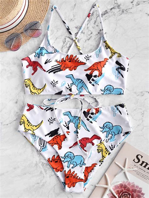 29 OFF 2021 ZAFUL Dinosaur Print Lace Up Bralette Bikini Swimsuit In