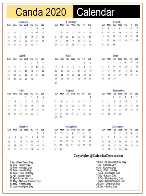 Printable Calendar 2020 With Canada Holidays Calendar Dream