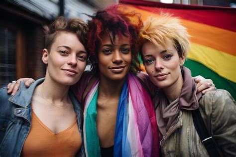 Three Women With Rainbow Hair And A Rainbow Scarf Premium AI