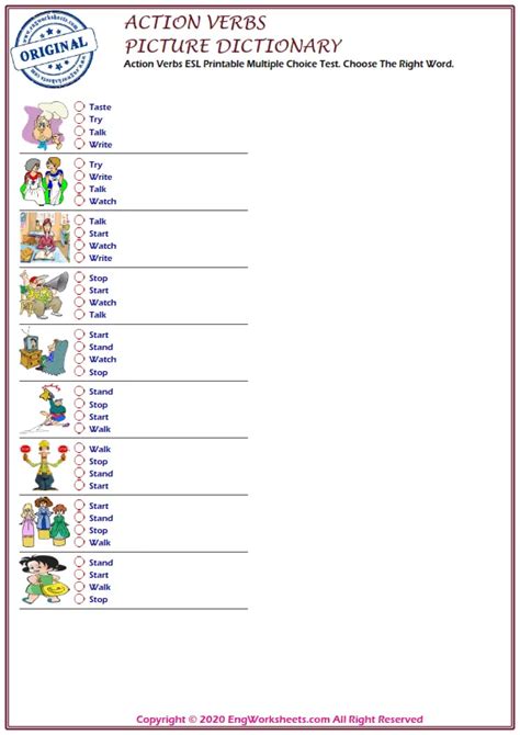 Action Verbs ESL Printable Multiple Choice Test Choose The Right Word