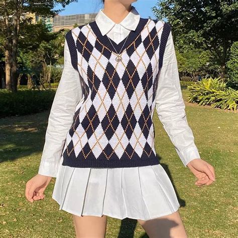 Regina Navy Blue Oversized V Neck Argyle Sweater Vest Y2k Etsy