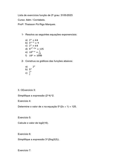 Lista De Exercícios Sobre Funções Exponenciais Pdf