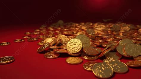 Many Gold Coins Scattered On A Red Background 3d Rendering Golds