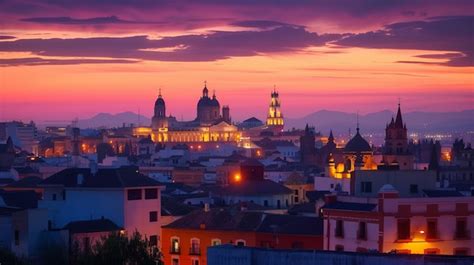 Cordoba Skyline At Sunset With Illuminated Cathedral Premium Ai