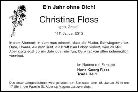 Traueranzeigen Von Christina Floss Aachen Gedenkt