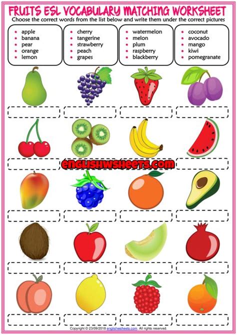 Fruits Esl Vocabulary Matching Exercise Worksheet For Kids Fruits For