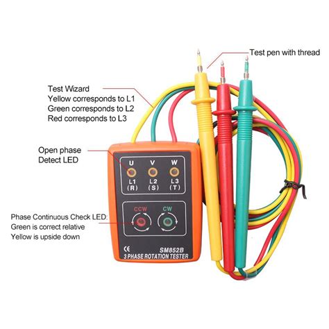 Sm852b 3 Phase Rotation Tester Indicator Digital Phase Sequence Tester Detector Led Buzzer Phase