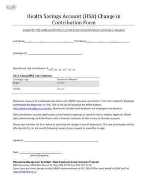 Fillable Online Health Savings Account HSA Change In Contribution