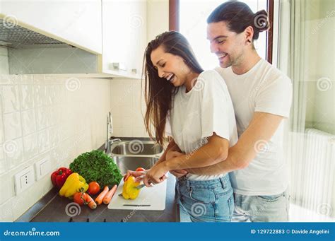 Loving Couple Cooking In The Kitchen Stock Image Image Of Lifestyle