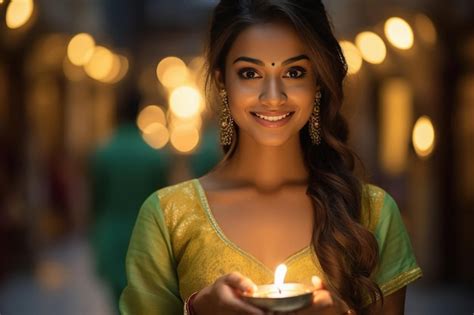 Premium AI Image Indian Woman Holding Diya Or Oil Lamp In Hand Diwali