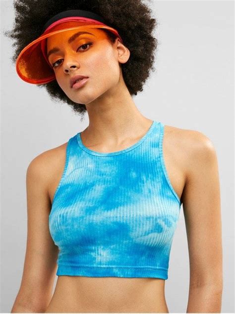 Zaful Racerback Tie Dye Crop Ribbed Tank Top Deep Sky Blue S