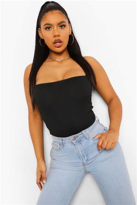 Basic Rib Skinny Strap Square Neck Bodysuit Boohoo