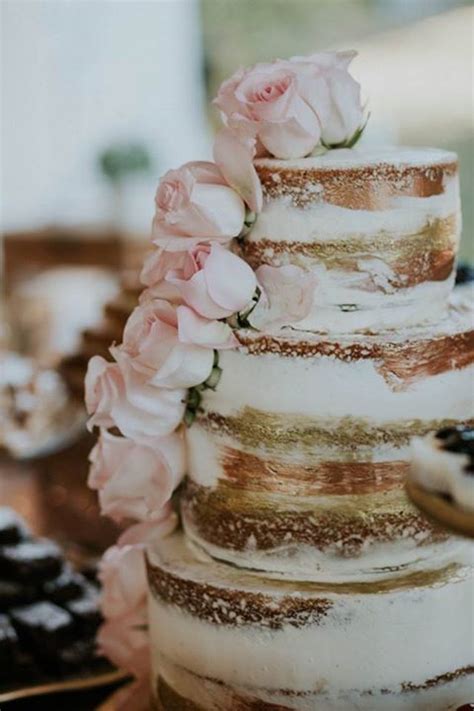 Naked Cake Rustic Cake Real Flower Cake Blush Wedding Rose Gold Wedding Gold Wedding Roses
