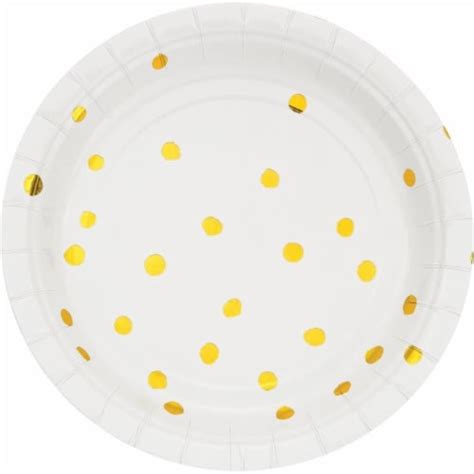 X In Foil Dot Dessert Paper Round Plates White Gold Count