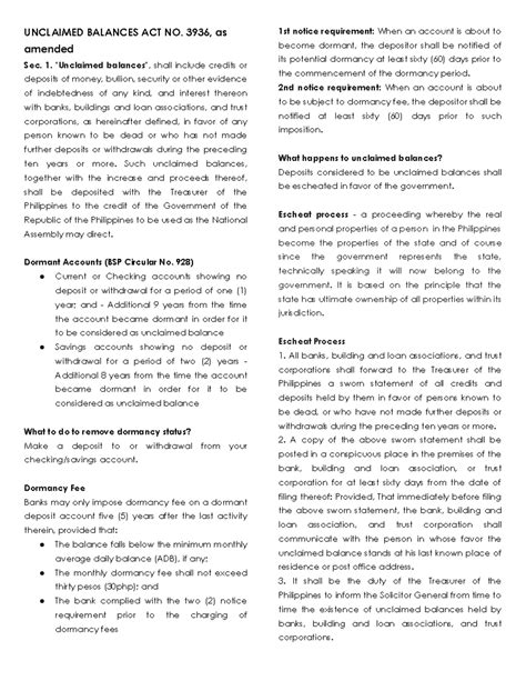 Unclaimed Balances Act No. 3936: Dormancy and Escheat Procedures - Studocu