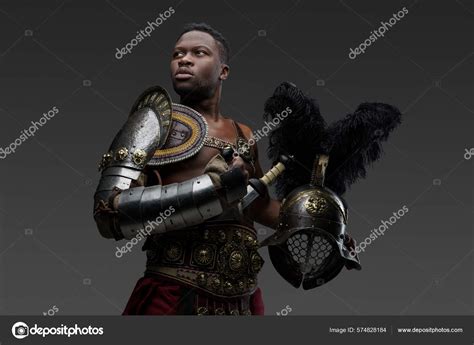 Portrait Ancient Roman Gladiator African Descent Dressed Light Armor