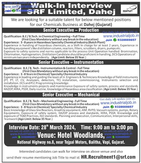 Srf Limited Dahej Job Vacancy For Production Maintenance