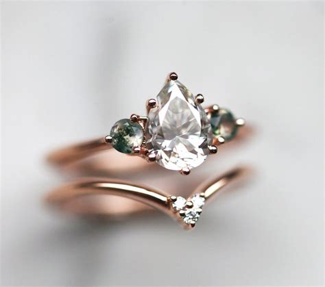 Engagement Ring Set Moissanite Moss Agate Ring Pear Etsy