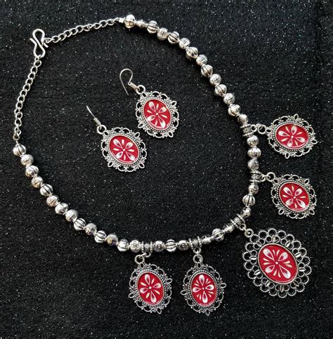 Hand Painted Enamel Necklace Set Hand Painted Necklace Set Red Floral