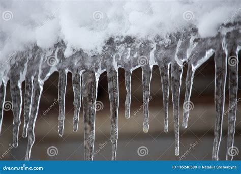 Icicles and Snow on Roof Closeup. Winter Weather Concept. Froze and Ice ...